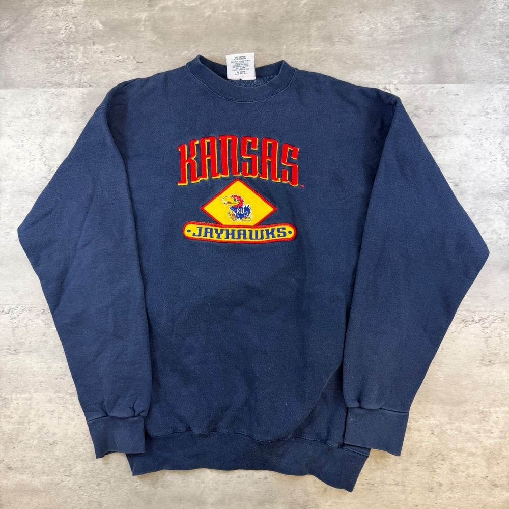 Vintage‎ Logo Athletic Kansas Jayhawks Sweatshirt Navy Blue Mens Medium 90s USA